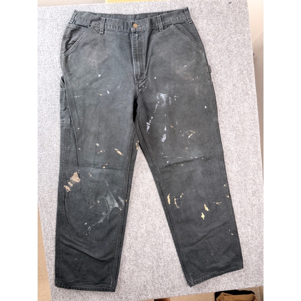 Carhartt Mens 38x34 Black Cotton Canvas Loose Fit Carpenter Pants Distressed B11
